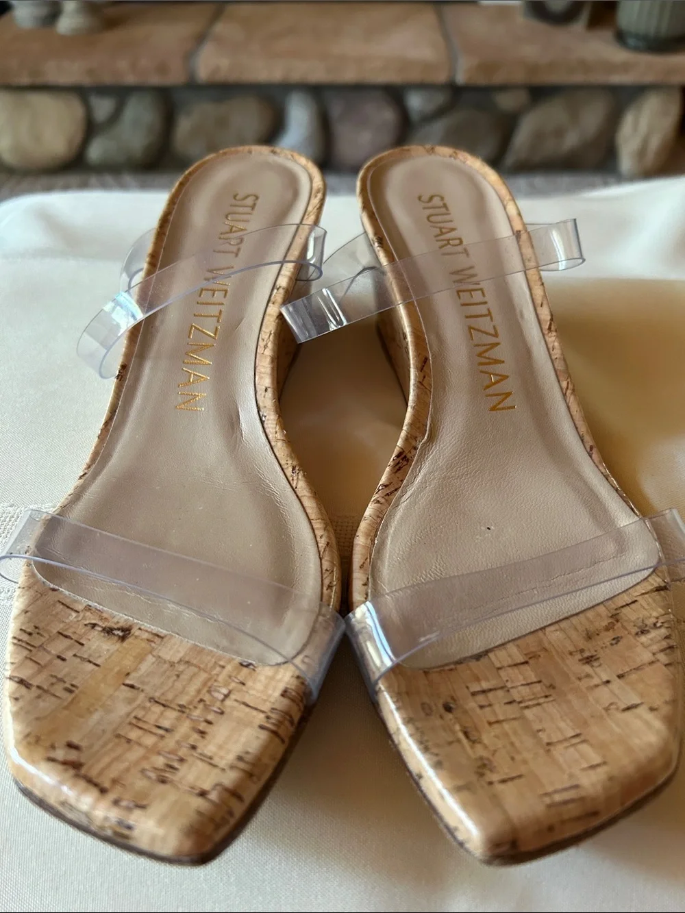 Stuart Weitzman Clear Strap Cork Wedge Sandals - Beige/Cork, Size 7